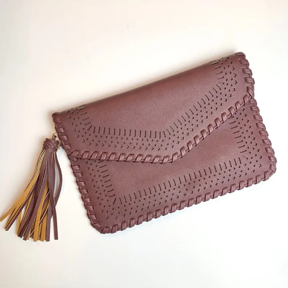 Jen & Co Vegan Leather Maroon Tassel Clutch